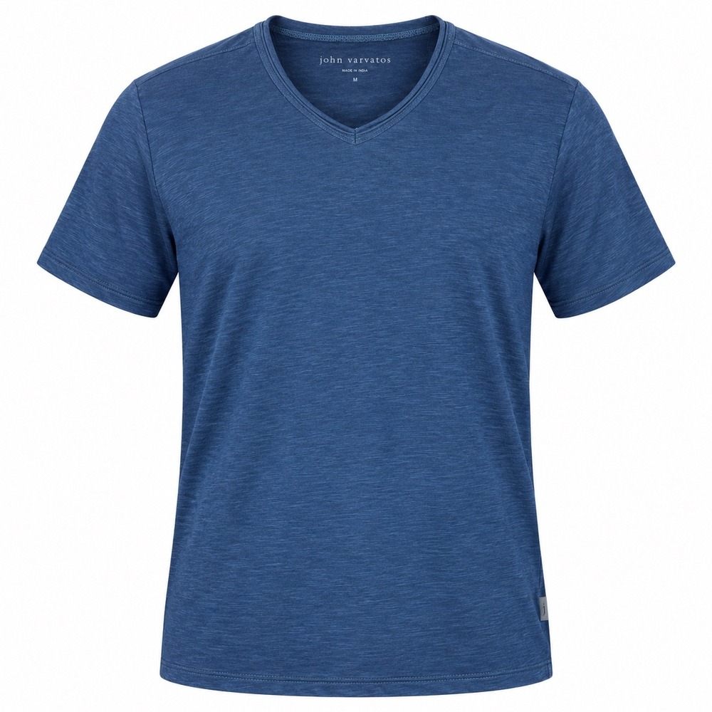 John Varvatos Mens T Shirt M Slub Knit Blue V Neck Short Sleeve Basic Tee